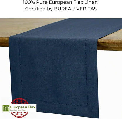 D'Moksha Homes Linen Navy Blue Table Runner 36 Inches - 100% Pure Linen Small Table Runner 14 x 36 Inch Ideal for Dresser, Coffee Tables, Winter, Christmas, Holiday - Classic Hemstitch