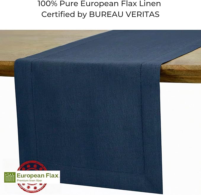 D'Moksha Homes Linen Navy Blue Table Runner 48 Inches - Classic Hemstitch, 100% Pure Linen Coffee Table Runner 14 x 48 Inch Ideal for Dresser Tables - Winter, Christmas, Holiday