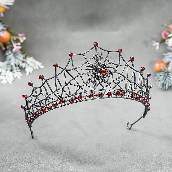 Gothic Black Spider Web Crown for Women Dark Queen Crystal Tiara Metal Headpiece Vampire Cosplay Masquerade Party Prom Night Witch Sorceress Costume Accessory