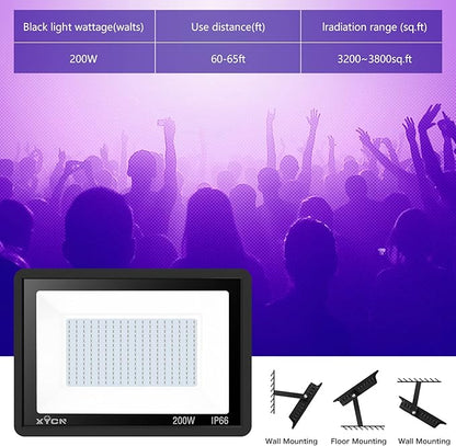 2 Pack 200W LED Black Lights Outdoor, Flood Light with Plug, 395nm to 410nm IP66 Waterproof for Dance Party, Glow in The Dark, Stage Lighting, Body Paint, Fluorescent Poster, Neon Glow