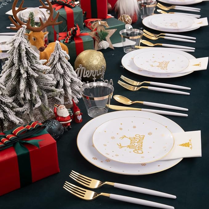 Nervure 175PCS Christmas Plastic Plates - White and Gold Disposable Plates & Gold Plastic Silverware with White Handle include 50 Plates 25Knives 25Forks 25Spoons 25Napkins for Christmas Party