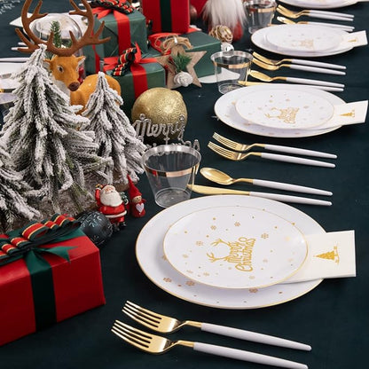 Nervure 175PCS Christmas Plastic Plates - White and Gold Disposable Plates & Gold Plastic Silverware with White Handle include 50 Plates 25Knives 25Forks 25Spoons 25Napkins for Christmas Party