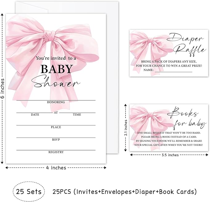 Pink Bow Baby Shower Invitations, Fill-in Invites For Gender Reveal Baby Announcement, Party Favor & Accessories(25 Invitations With Envelopes, 25 Dipaer Raffle Tickets & 25 Book Request Cards)-12