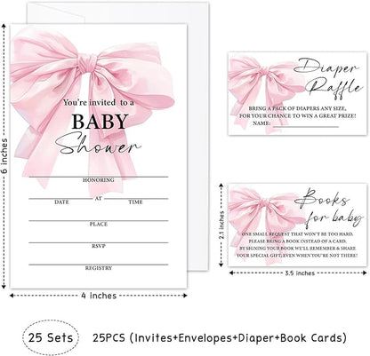 Pink Bow Baby Shower Invitations, Fill-in Invites For Gender Reveal Baby Announcement, Party Favor & Accessories(25 Invitations With Envelopes, 25 Dipaer Raffle Tickets & 25 Book Request Cards)-12