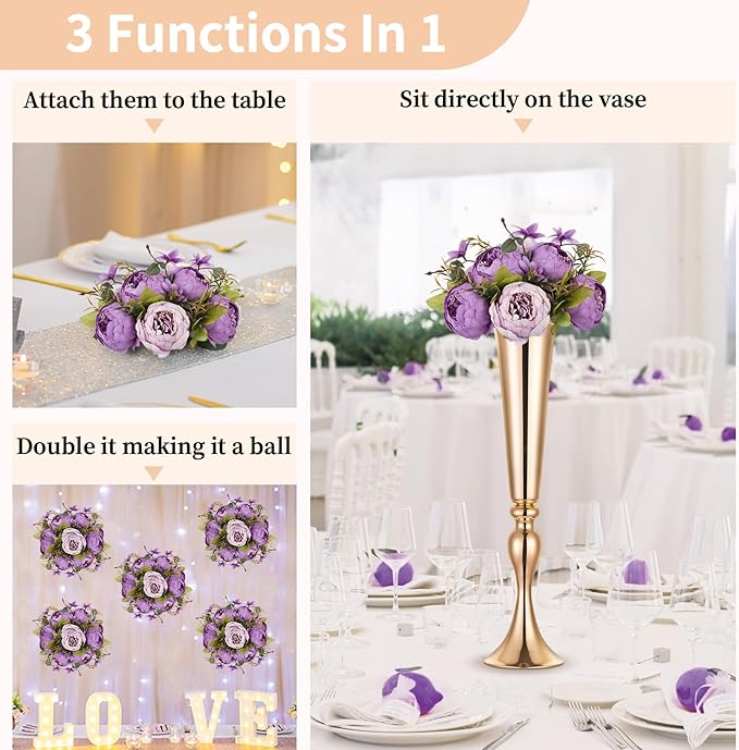 NUPTIO Flower Balls Flowers for Centerpieces: 10 Pcs 9.4 inch Diam Purple Artificial Peony Fake Flower Ball Arrangement Bouquet Wedding Centerpieces for Tables Wedding Centerpiece Decorations