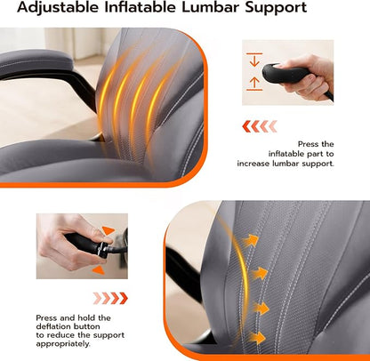 Office Desk Chair, Ergonomic Computer Chair with Padded Flip-Up Arms and Adjustable Lumbar Support, PU Leather Executive Chair with Tilt Lock and 360° Swivel Rolling Wheels for Work, Study