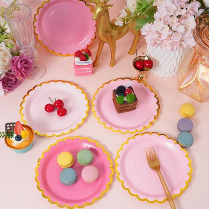 Pink & gold mix scalloped party plates with napkins and fork gold foil border, 24 Guest Pink disposable Tableware Set Party Decoration for Birthday Coquette Bridal Baby Shower Valentines