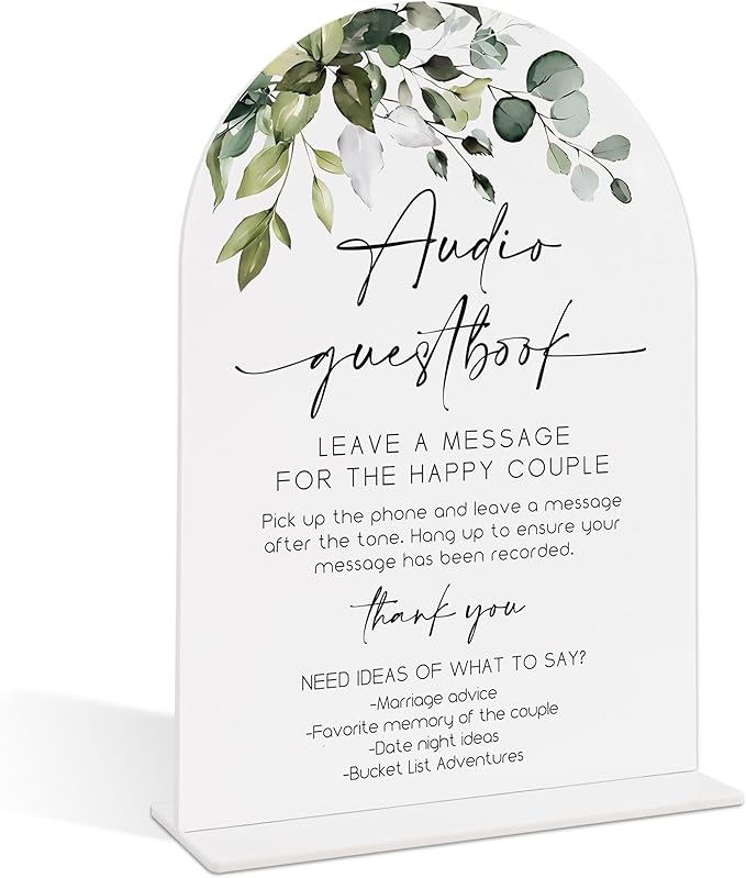 Wedding Signs for Reception, Green Leaves Audio Guestbook Sign, Wedding Reception Signage, Bridal Shower Table Decorations with Base, Supplies for Proposal, Bridal Shower Events and Ceremony, 07