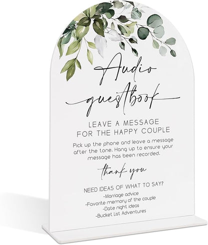 Wedding Signs for Reception, Green Leaves Audio Guestbook Sign, Wedding Reception Signage, Bridal Shower Table Decorations with Base, Supplies for Proposal, Bridal Shower Events and Ceremony, 07