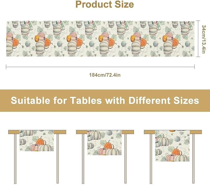 Fall Pumpkin Table Runner Vintage Leaves Plant Motifs Thanksgiving Theme Watercolor Illustration Home Decor for Farmhouse Indoor Outdoor Party Holiday Dining Kitchen Restaurant Cafe W13xL120in