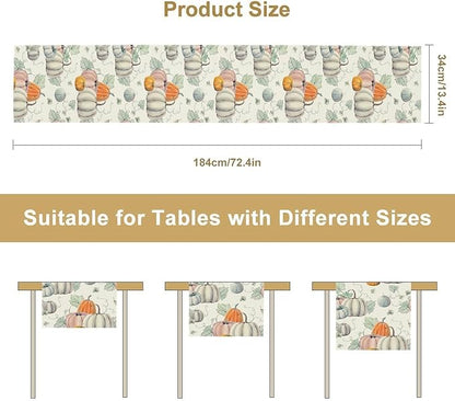 Fall Pumpkin Table Runner Vintage Leaves Plant Motifs Thanksgiving Theme Watercolor Illustration Home Decor for Farmhouse Indoor Outdoor Party Holiday Dining Kitchen Restaurant Cafe W13xL90in