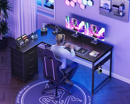 AODK L Shaped Gaming Desk with 4 Drawers, 53" Reversible Home Office Desks with Power Outlets, L Shaped Computer Desk with USB Charging Port and Host Stand, Corner Desk, Easy to Assemble, Black