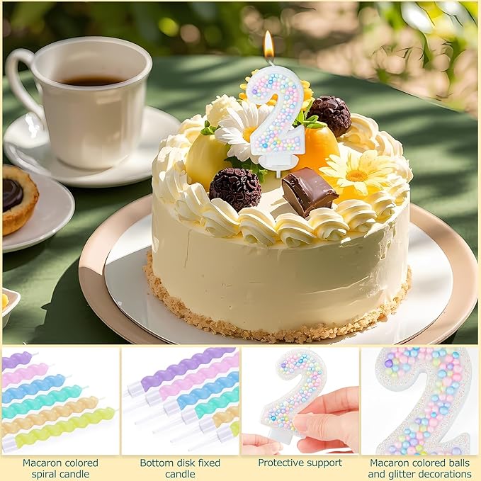 Number Birthday Candle with 12PCS Spiral Candles and A Birthday Card - Perfect for Celebrating Birthdays (Macaron Glitter, Number 2)