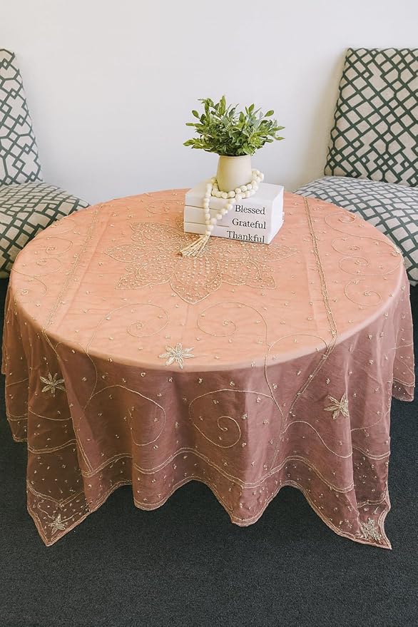 AK TRADING CO. Handmade Metallic Zari (Nakshi) Embroidered Silk Tissue Tablecloth – 60" Square | Luxury Handcrafted Decorative Table Cover for Home Décor, Weddings & Special Events (Dusty Rose, 60x60)