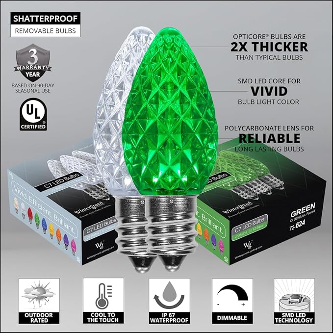 Wintergreen Lighting C7 OptiCore Commercial Christmas Lights – Heavy Duty LED Bulbs on Green Wire (100 Lights, 100 ft, Green/Cool White)