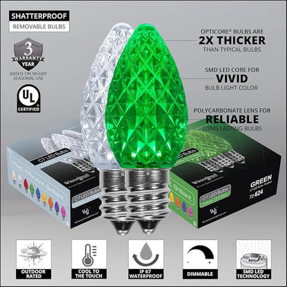 Wintergreen Lighting 50 C7 OptiCore Green and White Commercial Christmas Lights – Heavy Duty Outdoor LED Bulbs for Holiday Light Displays; 18 Gauge Green Wire (50 ft)