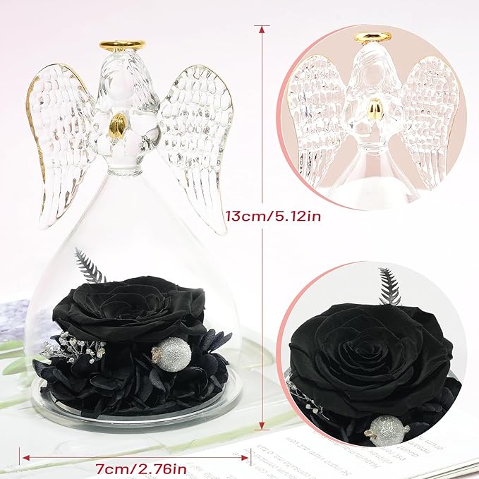 Miofula Preserved Flower Rose Birthday Gifts for Mom, Angels Figurines with Forever Real Rose Gifts for Women Mom Grandma, Angels Gifts for Valentine's Day Anniversary (Black)