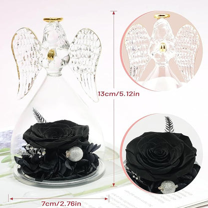 Miofula Preserved Flower Rose Birthday Gifts for Mom, Angels Figurines with Forever Real Rose Gifts for Women Mom Grandma, Angels Gifts for Valentine's Day Anniversary (Black)