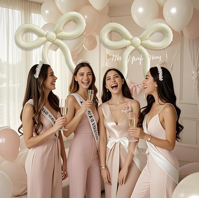 4 Pcs Beige Bow Balloons Cream White Bow Decorations for Girls Women Bow Themed Birthday Party Supplies for Baby Shower, Gender Reveal, Wedding, Bachelorette, One Silly Goose Event Decor