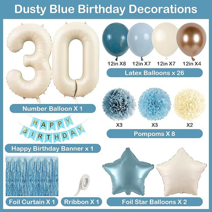 Dusty Blue 30th Birthday Party Decorations for Her Him Beige Cream Number 30 Balloon with Blue Gold Happy Birthday Banner Fringe Curtain Paper Pom Poms Nude White Sand Champagne Star Foil Balloons