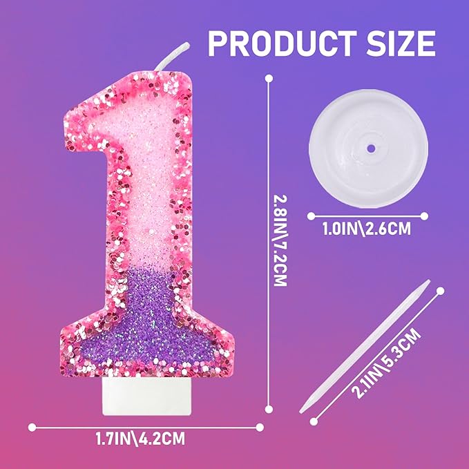 Birthday Number Candles for Cake, Pink Purple Glitter Number Candles for Cake Toppers, Ideal Birthday Parties Cake Decor, Wedding Anniversary and Other Celebrations (1 Candle)
