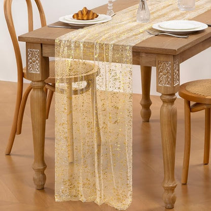 Beige Gold Table Runner Sheer Gauze Cheesecloth Runner 120 Inch Glitter Wedding Anniversary Party Decor for Dining Table Home Celebration
