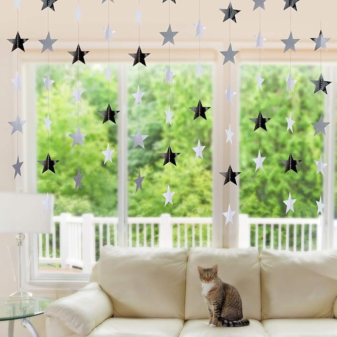 Patelai Glitter Star Garland Banner Christmas Decor 130 Feet Star Hanging Bunting Banner Twinkle Backdrop for Homecoming Classroom Wedding Birthday Halloween Party Supplies(Silver)