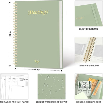 Taja Meeting Notebook for Work Organization - Work Planner Notebook with Action Items, Agenda Planner for Note Taking, 160 Pages (6.9" X 9.9") Project Organizer for Men & Women - Green