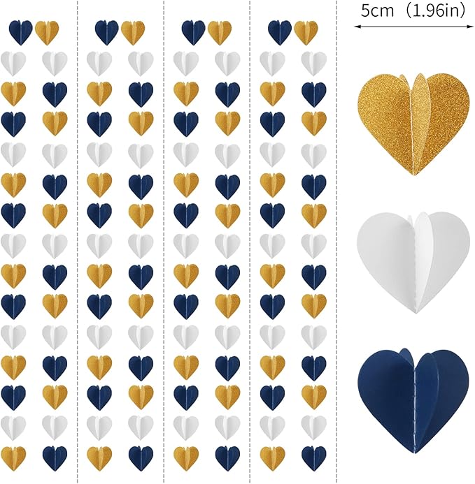 Navy-Blue White Gold 3D-Heart Garland - 39Ft Graduation Hanging Decoration Streamers Banner,Bridal Birthday Engagement Bachelorette Baby Shower Christmas Baby Shower Valentines Party Decor Ouruola