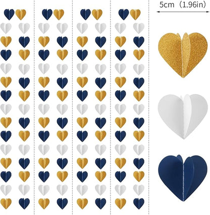 Navy-Blue White Gold 3D-Heart Garland - 39Ft Graduation Hanging Decoration Streamers Banner,Bridal Birthday Engagement Bachelorette Baby Shower Christmas Baby Shower Valentines Party Decor Ouruola
