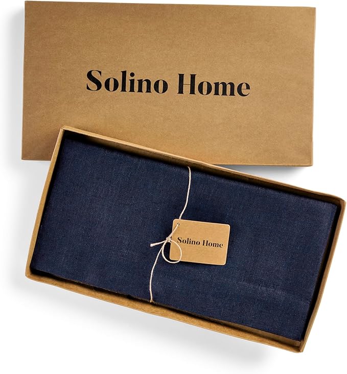 Solino Home Linen Square Tablecloth 52 x 52 Inch - 100% Pure Linen Chambray Navy Table Throw - Athena, Machine Washable Tablecloth for Fall, Autumn, Winter