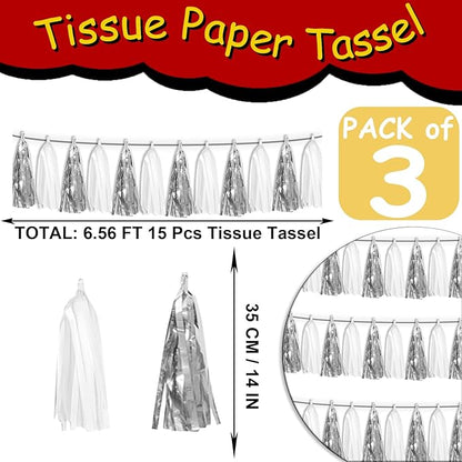 3P White Silver Tassel Banner Garland Metallic Foil Fringe Banner Tinsel Tassels Streamer Banner Backdrop for Parade Floats, Graduation Bridal/Baby Shower Retirement Party Decorations