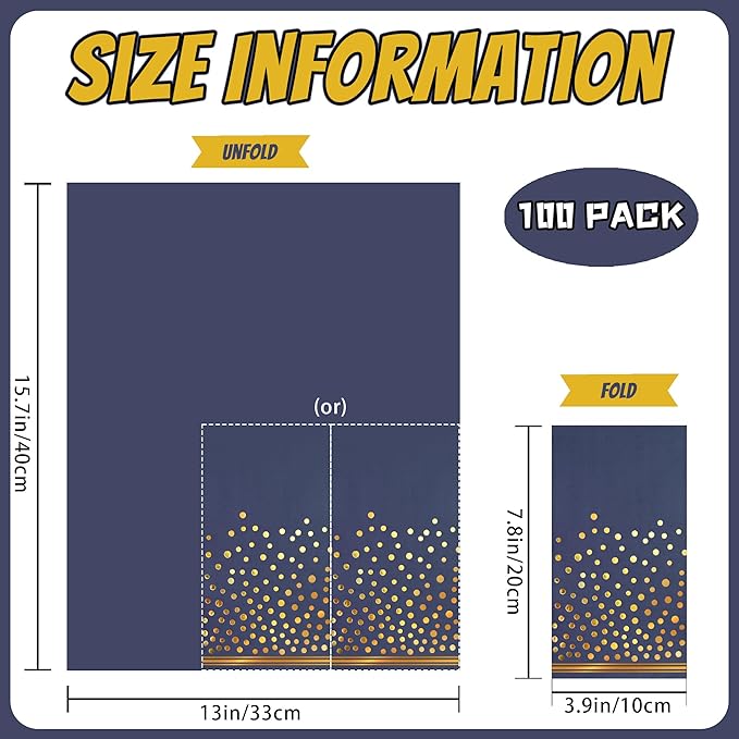 100 Pcs Blue Paper Napkins Disposable - Blue Gold Dot Party Napkins Navy Blue Dinner Napkins for Wedding Anniversary Birthday Bathroom Party Supplies