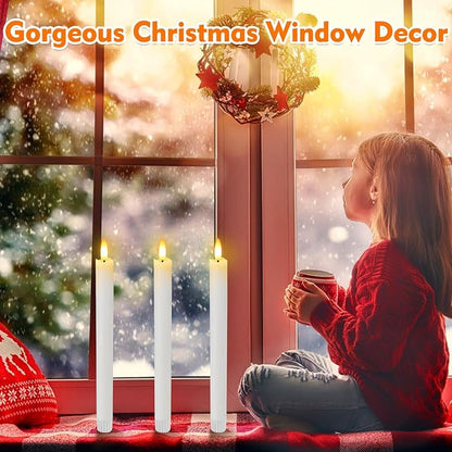HINZER 6 Pcs Flameless Taper Candles with Remote & Timer 9.6 inch Real Wax Battery Operated LED Warm 3D Wick Flickering Window Candles for Halloween Christmas Wedding Decor, White