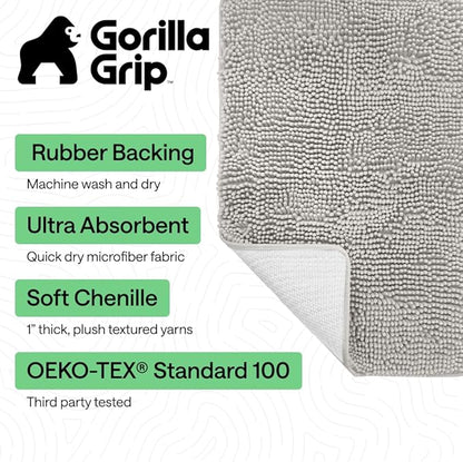 GORILLA GRIP Bath Rug Mat 42x24, Soft Absorbent Chenille, Quick Dry Microfiber Mats, Rubber Backing Washable Shower Floor Rugs, Bathmat Runner, US Designed Bathroom Home Decor Accessories Light Gray