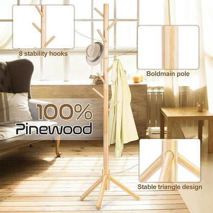 Solid Wooden Coat Rack Freestanding, New Zealand Pine Coat Tree with 8 Hooks & 3 Adjustable Sizes for Coats, Hats, Handbags and Scarves, Space Saving for Entryway/Office/Bedroom (Nature)