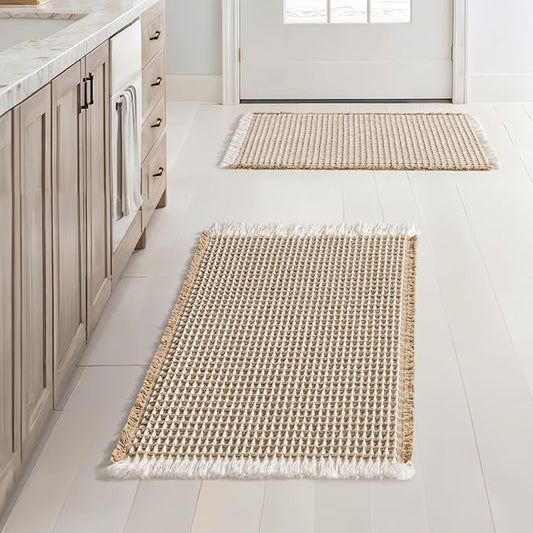 MIULEE Set of 2 Waffle Bathroom Rugs, Boho Bath Rugs Non Slip Washable, Super Absorbent Bath Mats, Ultra Soft Rubber Backed Shower Mats for Bathroom Floor, Tub, Brown & White, 17x24 Inch
