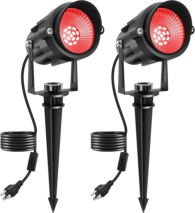 Christmas Red Landscape Lights Outdoor, 14 LED Landscape Lighting with US Plug, IP65 Waterproof Spotlights for Tree Yard Garden Pathway Halloween Decor 2 Pack