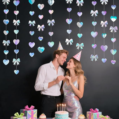 Iridescent Bow Decorations Holographic Paper Heart Bow Hanging Garland Streamer for Coquette Bachelorette Birthday Valentines Wedding Bridal Shower Engagement Anniversary Party Decorations Supplies