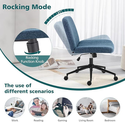 OLIXIS Criss Cross Chair with Wheels Wide Cross Legged Office Desk Vanity Chair Comfy Fabric Armless Adjustable Swivel for Home Computer Task Blue
