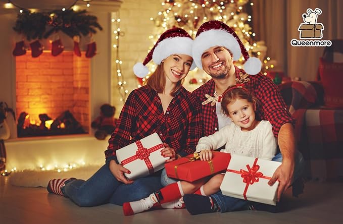 Queenmore Adult's Christmas Santa Claus Hat, Plush Santa Cap, Velvet Headwear, Lined and Fabric-Shedding Resistant