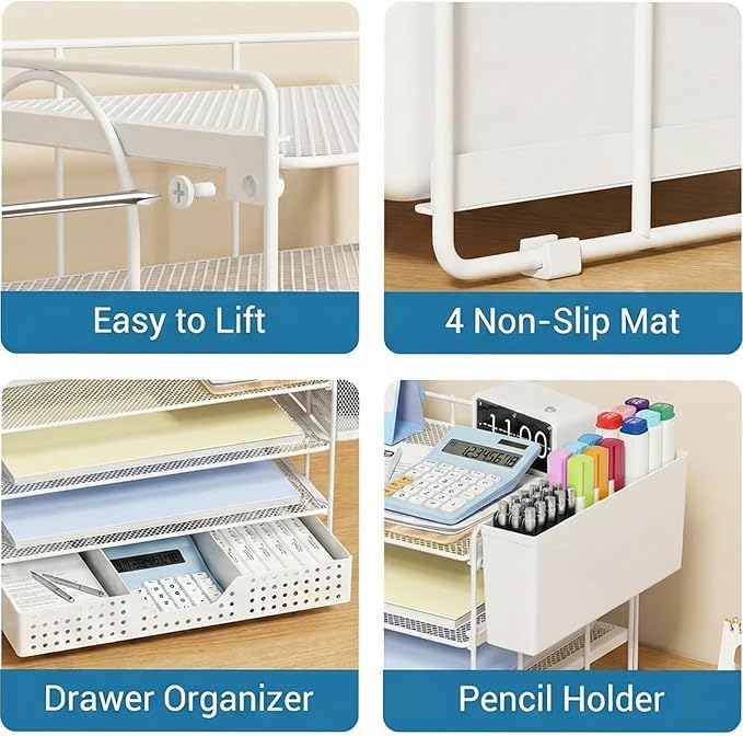 Desk Organizer, 4-Tier Paper Organizer Letter Tray with File Holder, Drawer and 2 Pen Holders, Desktop File Organizer for Office Supplies, Workspace Storage, White