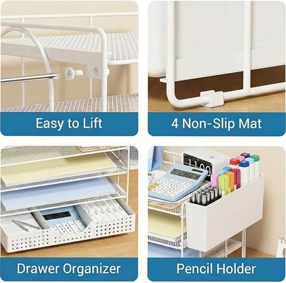 Desk Organizer, 4-Tier Paper Organizer Letter Tray with File Holder, Drawer and 2 Pen Holders, Desktop File Organizer for Office Supplies, Workspace Storage, White