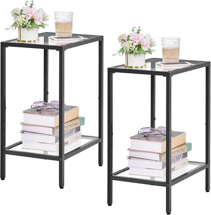 Side Tables Set of 2, End Tables with Tempered Glass, 2-Tier Nightstands with Storage Shelves, Coffee Table with Modern Style, Slim Sofa Table for Living Room, Bedroom, 11.8" D x 15" W, Black