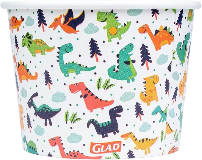 Glad for Kids Dinosaurs Paper Snack Bowls, Lids Not Included - Colorful Heavy Duty, Microwavable, Disposable Snack Cups with Lid for Soup or Ice Cream, 12 Ounce, 20 Count - 3 Pack