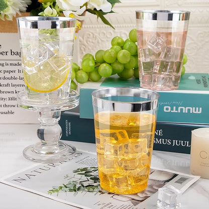 I00000 50 Pack 12 oz Silver Plastic Cups, Silver Rimmed Disposable Cups, Party Wine Glasses Disposable Cocktail Glasses Heavy Duty Cups with Silver Rim, 12 Ounce Plastic Tumblers For Party