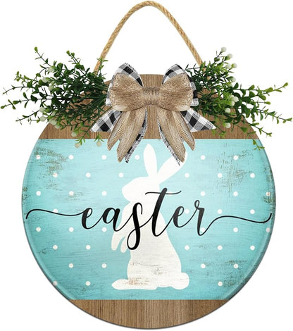Boylee Easter Wooden Hanging Sign Easter Sign Door Decoration with Bow Rustic Easter Wood Wreath Sign for Easter Spring Holiday Home Coffee Shop Bakery Farmhouse Window