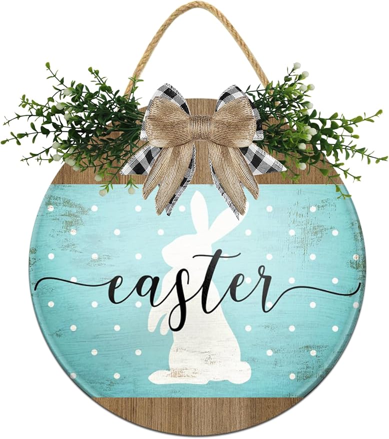 Boylee Easter Wooden Hanging Sign Easter Sign Door Decoration with Bow Rustic Easter Wood Wreath Sign for Easter Spring Holiday Home Coffee Shop Bakery Farmhouse Window