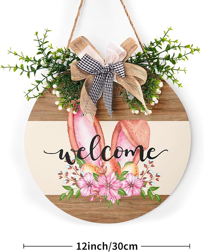 Harooni Easter Decorative Sign, 12x12in Wooden Welcome Door Sign with Bow, Easter Welcome Color, Perfect for Easter Occasion