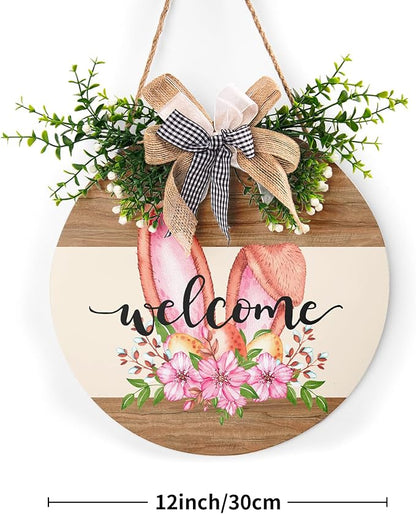 Harooni Easter Decorative Sign, 12x12in Wooden Welcome Door Sign with Bow, Easter Welcome Color, Perfect for Easter Occasion